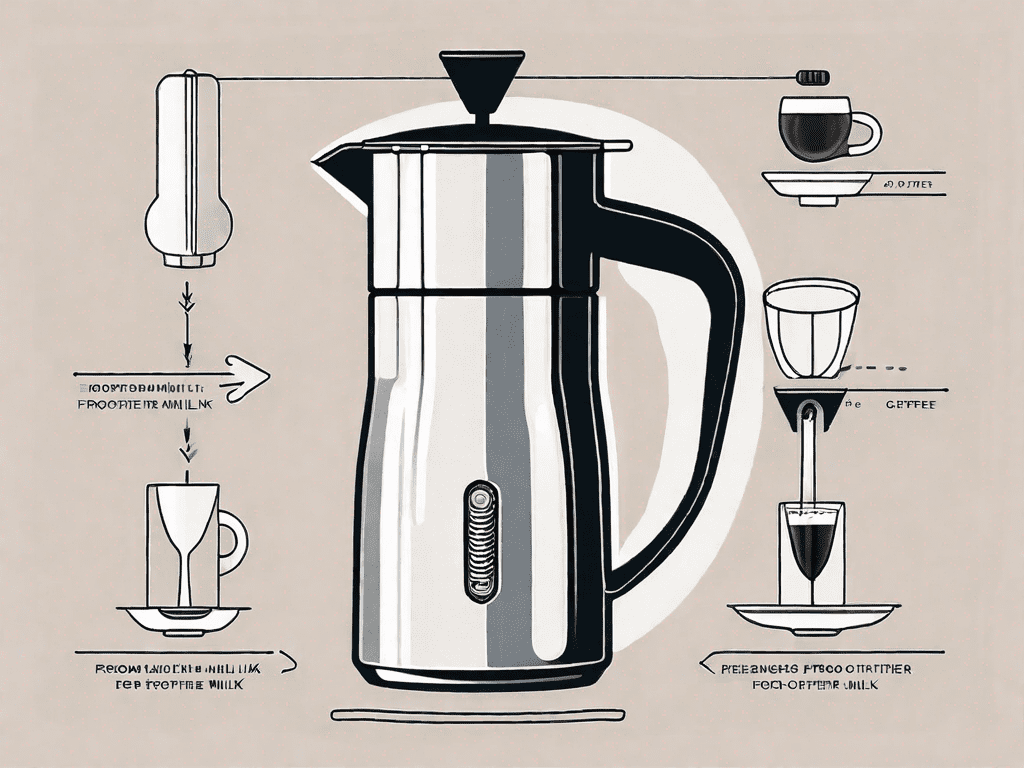 A bodum milk frother with arrows indicating its parts and the sequence of steps for using it