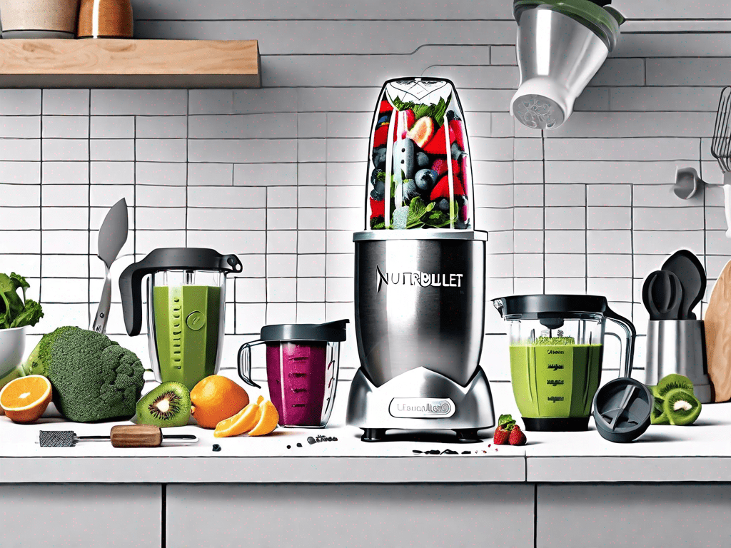 A nutribullet blender disassembled into its various parts