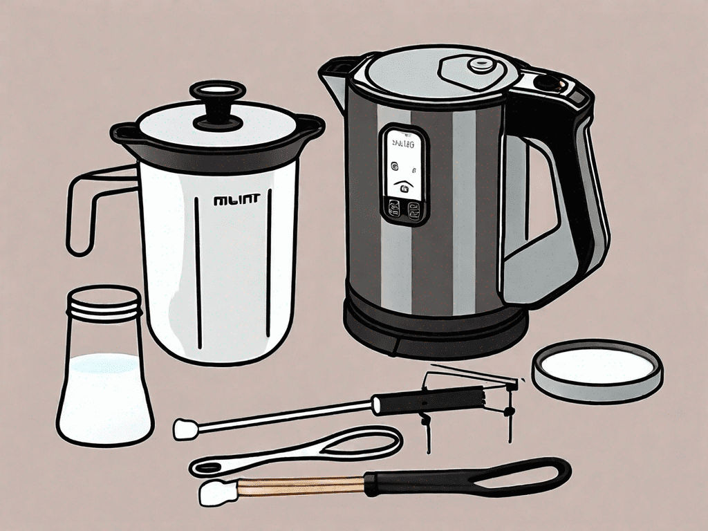 An instant pot milk frother with its parts separated and tools beside it