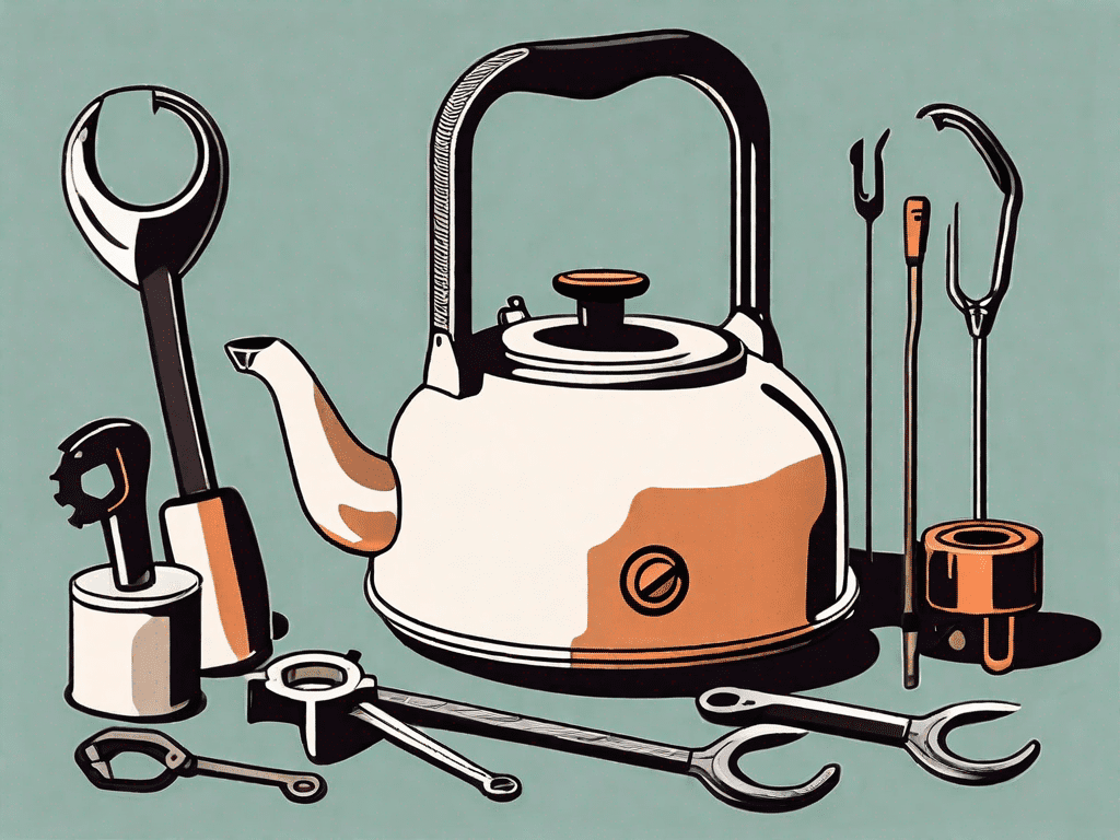 A breville kettle with various tools like a screwdriver and a wrench next to it
