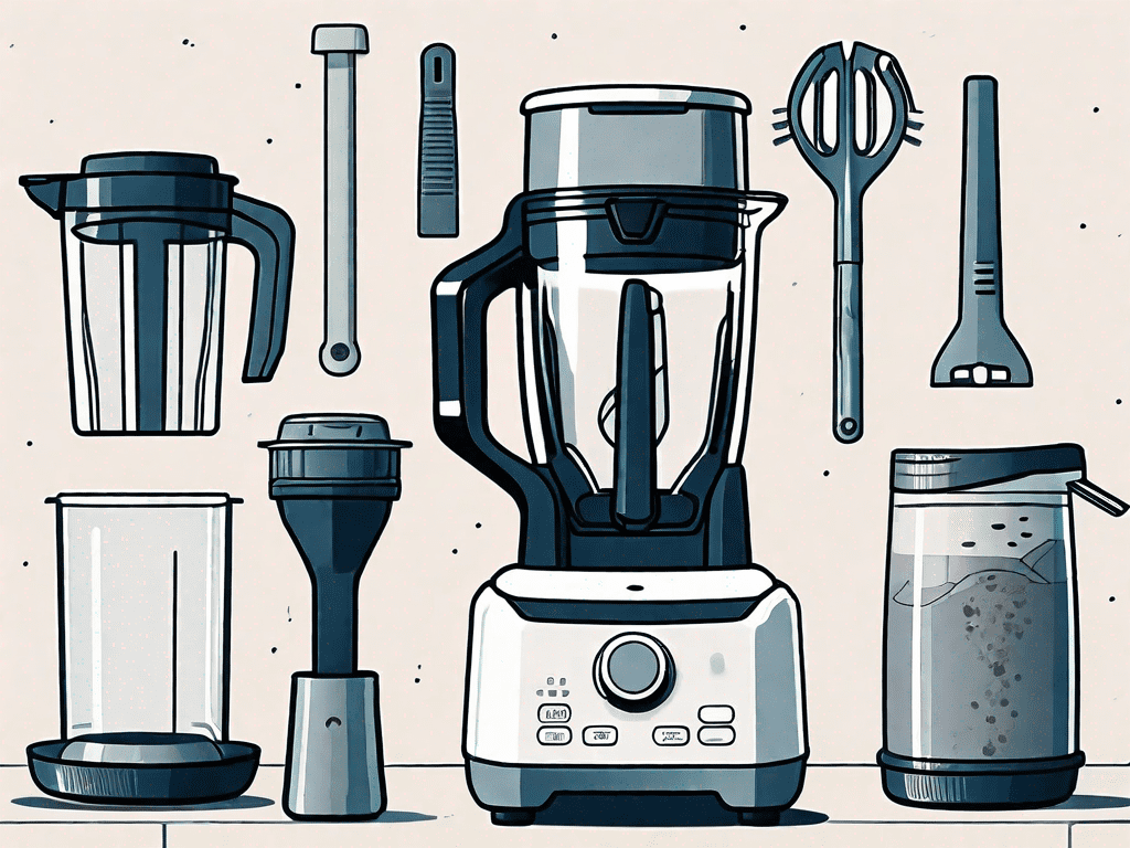 A ninja blender single serve with various parts disassembled and tools around it