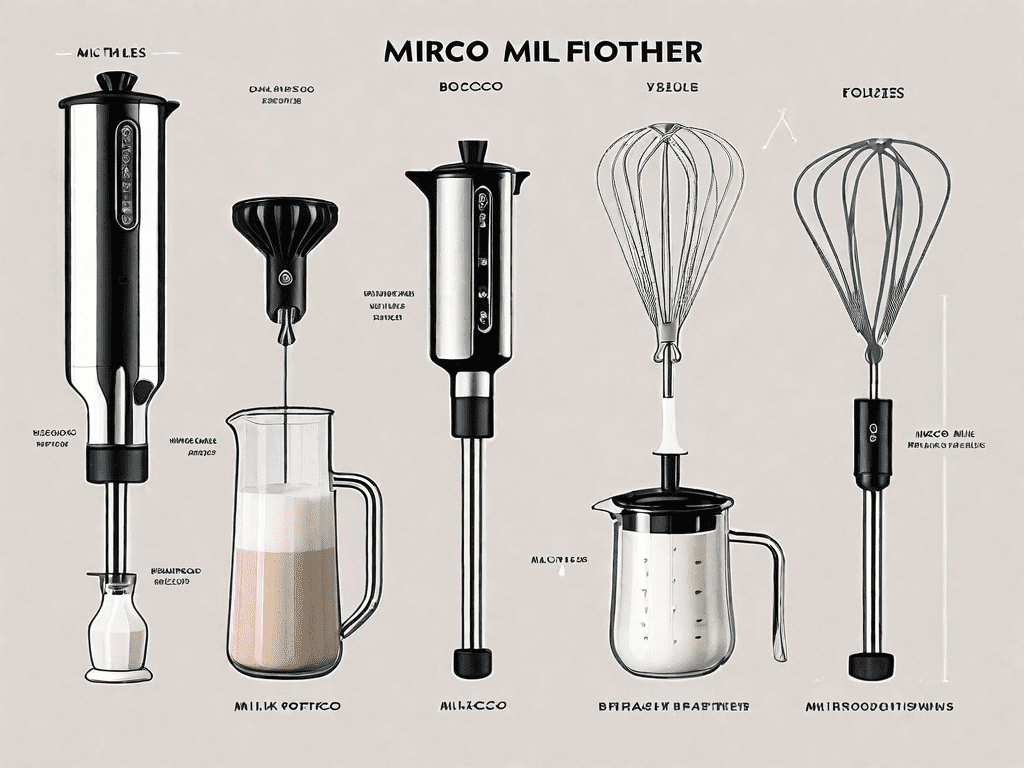 A miroco milk frother with different parts labeled and a few common issues highlighted