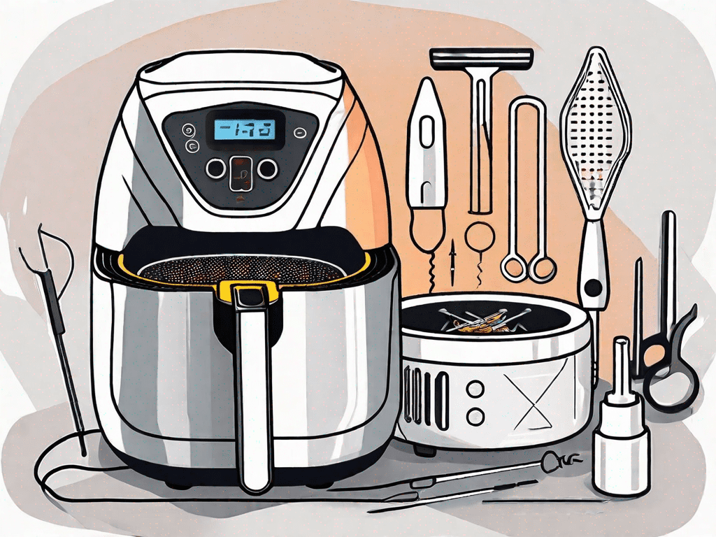 An instant vortex air fryer with various technical tools like a screwdriver and a multimeter around it