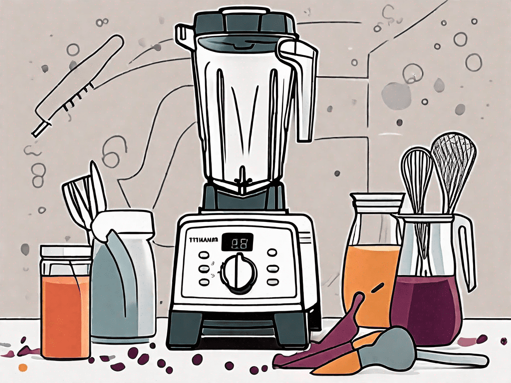 A vitamix blender with a few kitchen tools scattered around it