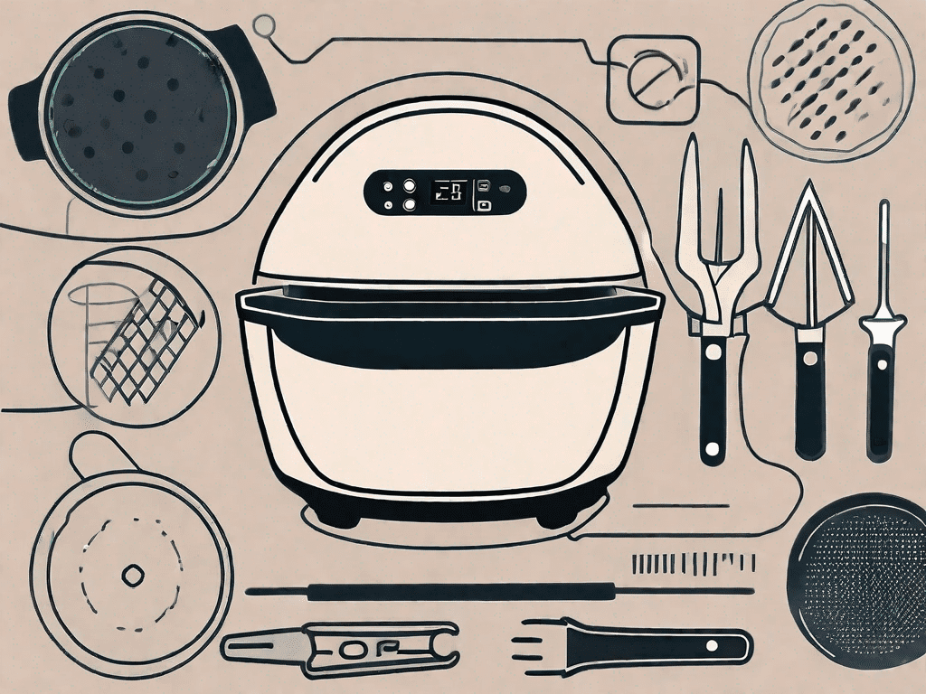 A gourmia air fryer with a few tools like a screwdriver and a multimeter nearby