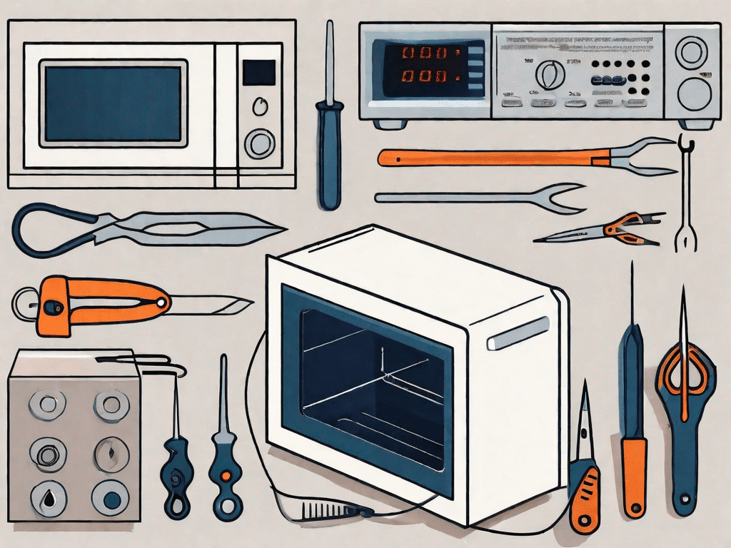 A galanz microwave opened up with various tools like a screwdriver