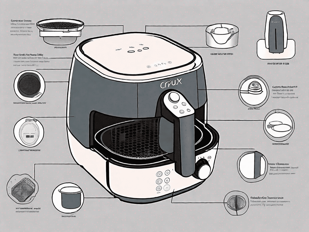 A crux air fryer with various components like the power cord