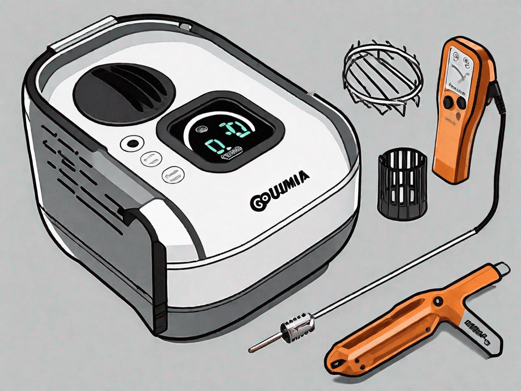 A gourmia air fryer with the fan component highlighted and a few tools like a screwdriver and a multimeter nearby